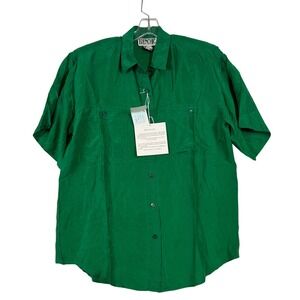 NWT Vintage Womens Green Washable Silk Short Sleeve Button Up Shirt Medium Retro